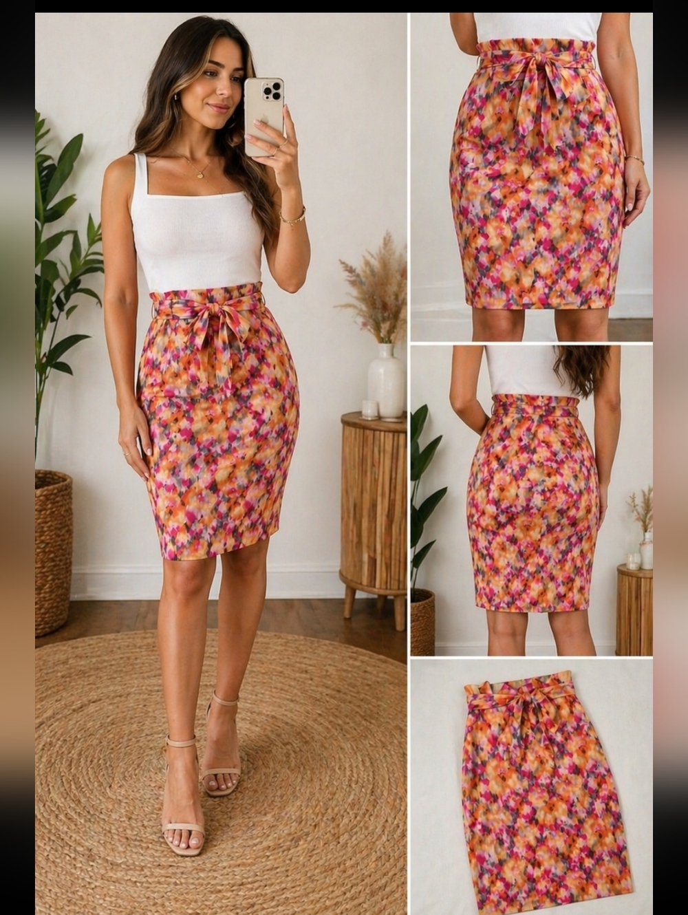 Hugo Boss Floral Pink , Orange Tie Waist Vibrant Skirt